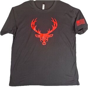 Bucked Up Deer Head Graphic T Shirt Black Red Logo Flag Sleeve Men's XL